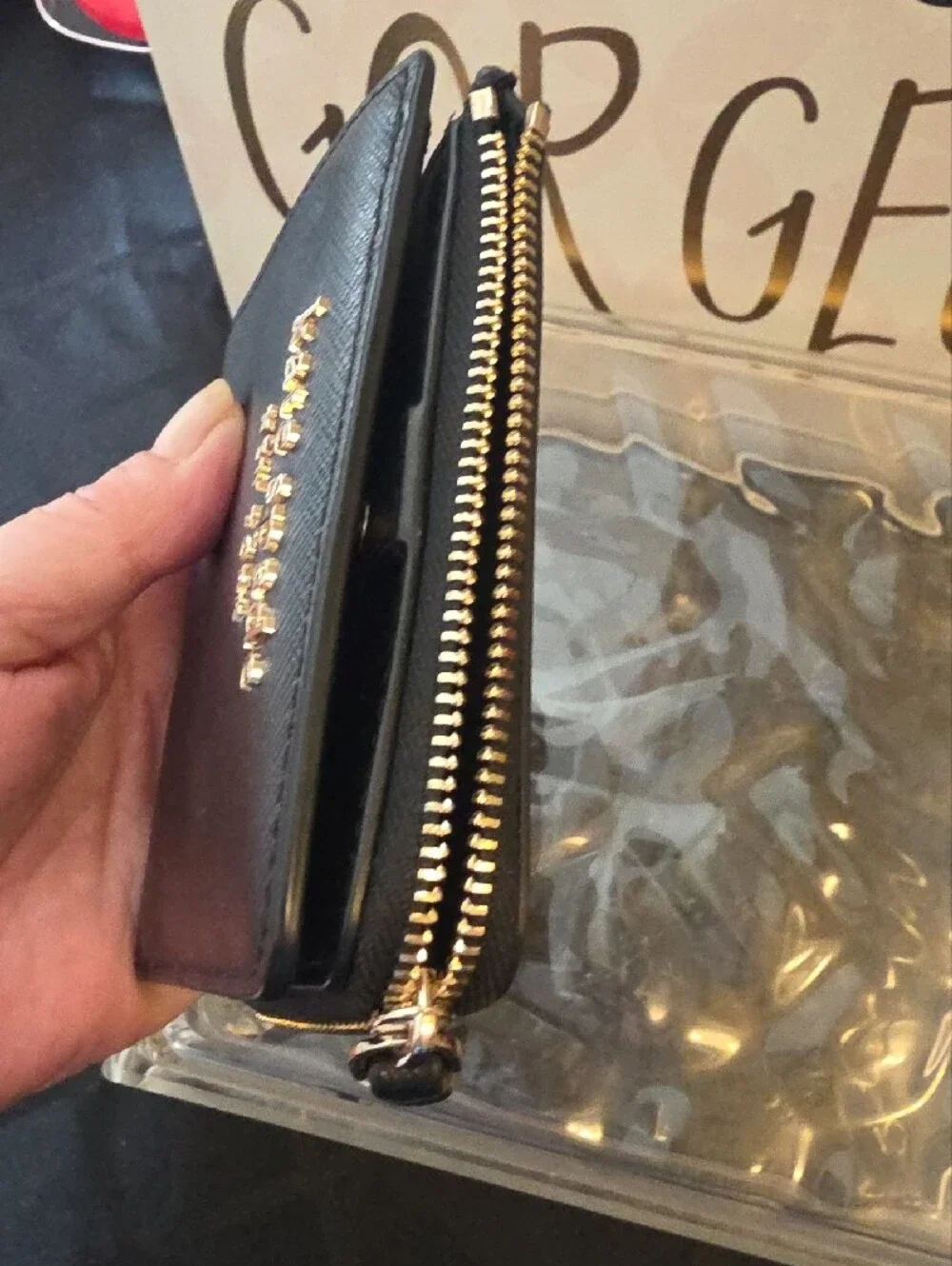 kate spade Black Compact Zip Wallet with Gold Logo